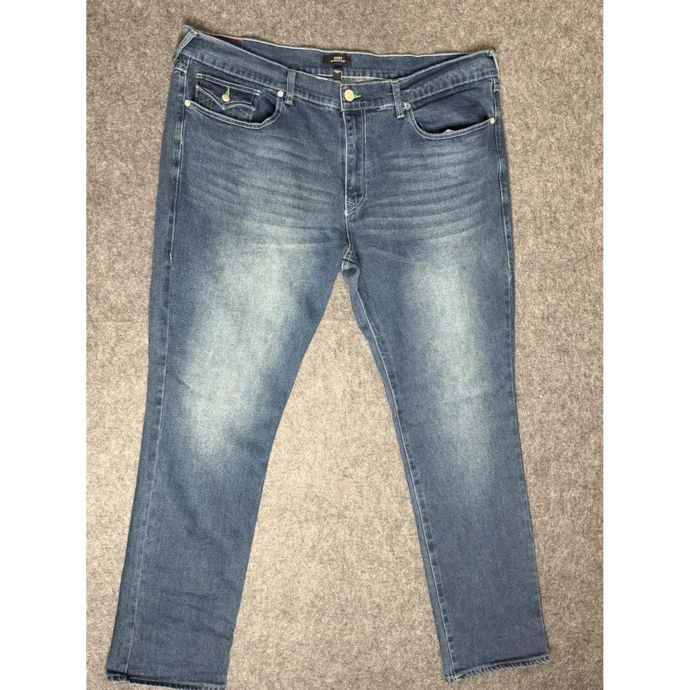 True Religion Ricky Relaxed Straight Jeans Mens 42 Blue Denim Neon‎ Green Stitch